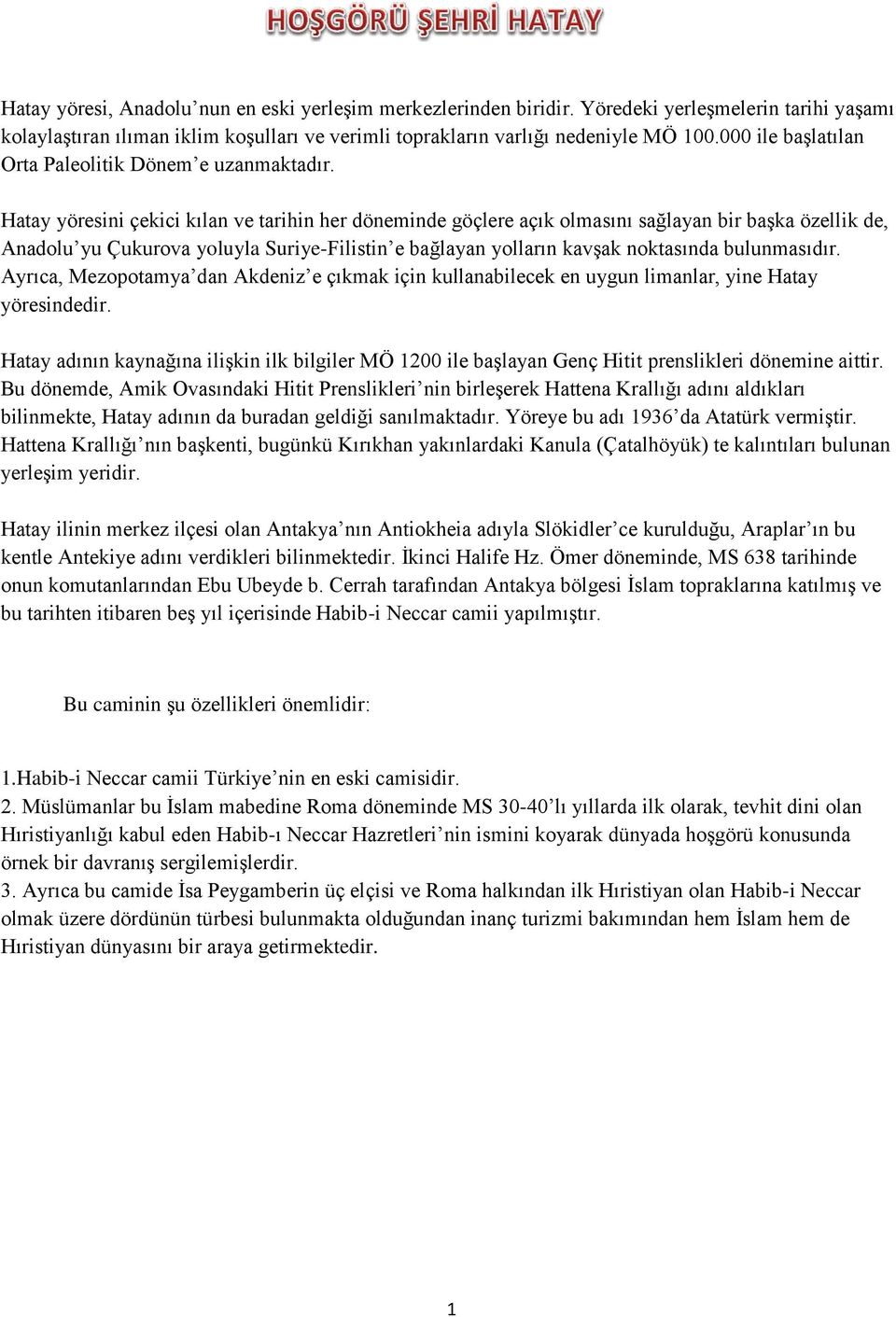 Hatay yöresini çekici kılan ve tarihin her döneminde göçlere açık olmasını sağlayan bir baģka özellik de, Anadolu yu Çukurova yoluyla Suriye-Filistin e bağlayan yolların kavģak noktasında