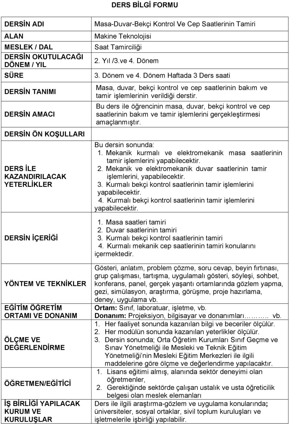 Tamirciliği 2. Yıl /3.ve 4. Dönem 3. Dönem ve 4. Dönem Haftada 3 Ders saati Masa, duvar, bekçi kontrol ve cep saatlerinin bakım ve tamir işlemlerinin verildiği derstir.