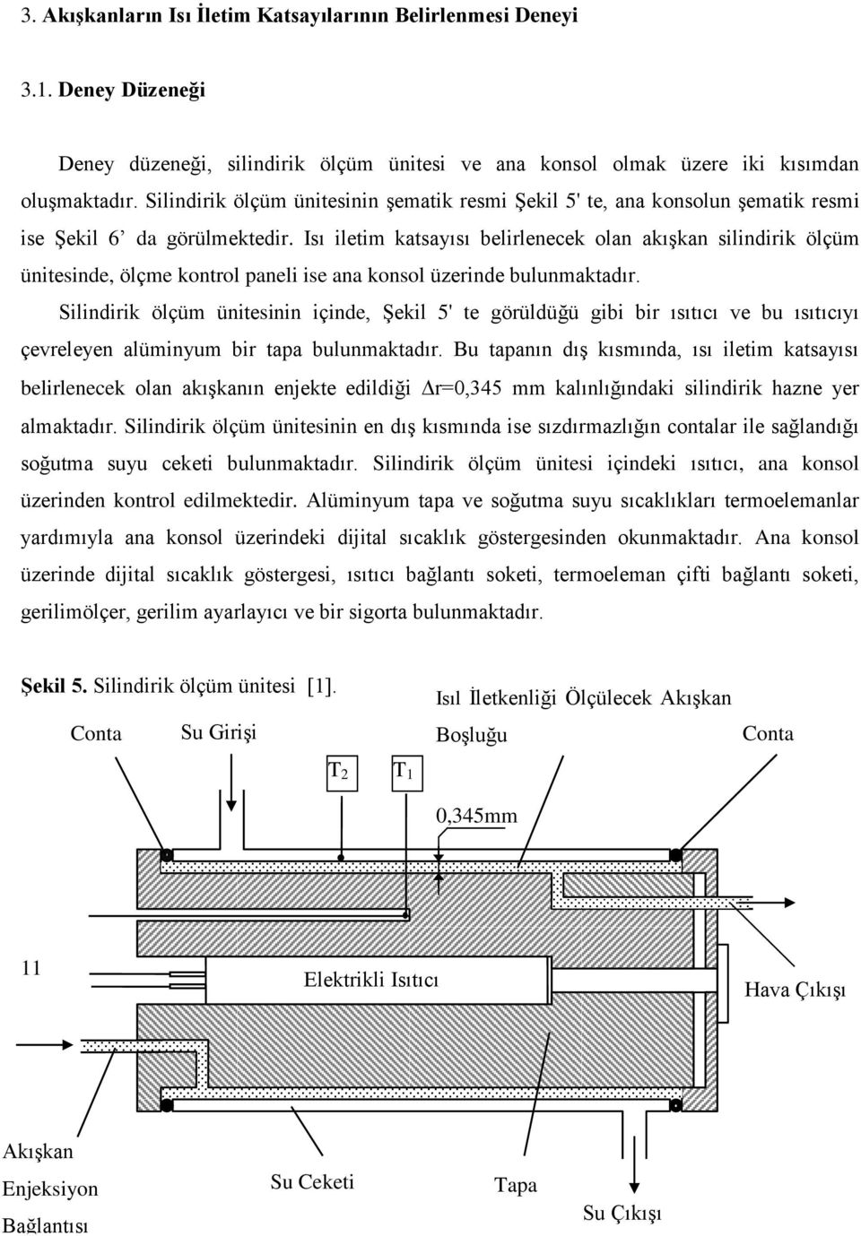 Isı iletim katsayısı belirlenecek olan akışkan silindirik ölçüm ünitesinde, ölçme kontrol paneli ise ana konsol üzerinde bulunmaktadır.