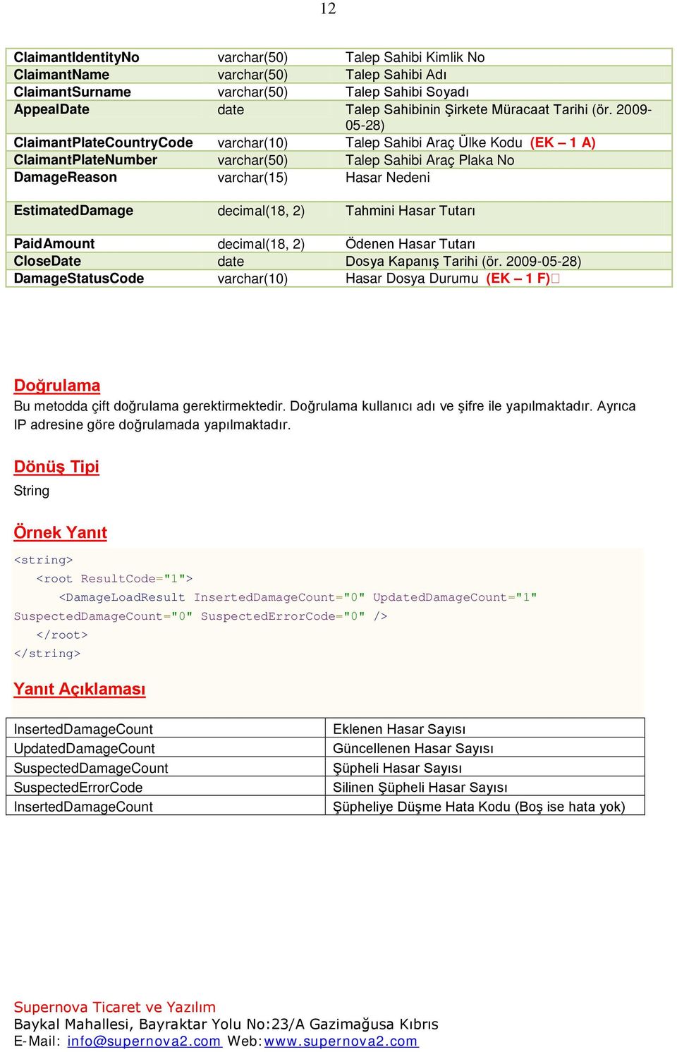 2009-05-28) ClaimantPlateCountryCode varchar(10) Talep Sahibi Araç Ülke Kodu (EK 1 A) ClaimantPlateNumber varchar(50) Talep Sahibi Araç Plaka No DamageReason varchar(15) Hasar Nedeni EstimatedDamage