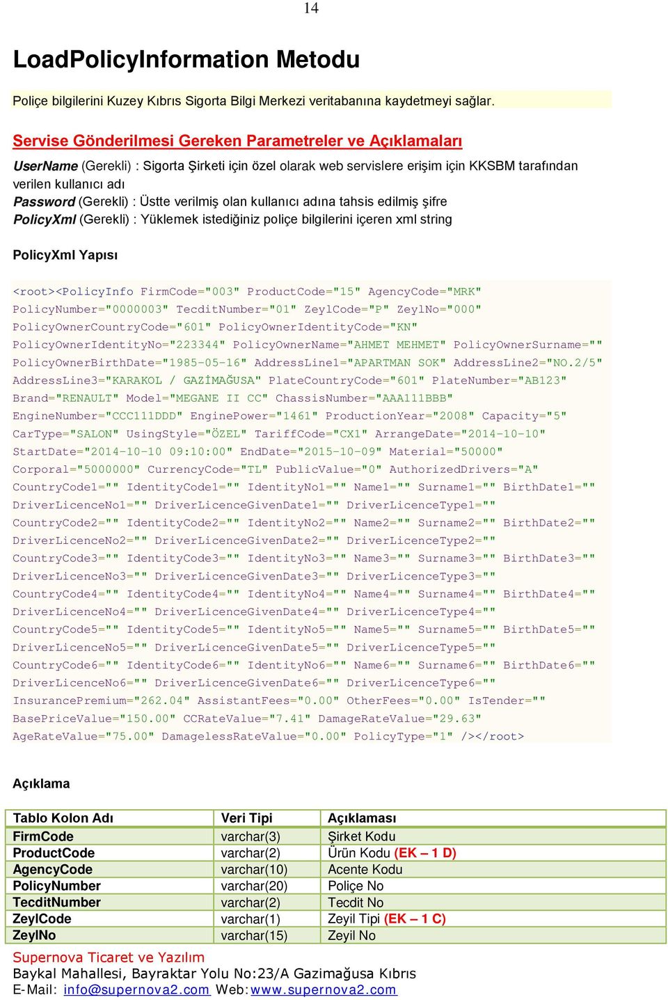 Üstte verilmiş olan kullanıcı adına tahsis edilmiş şifre PolicyXml (Gerekli) : Yüklemek istediğiniz poliçe bilgilerini içeren xml string PolicyXml Yapısı <root><policyinfo FirmCode="003"