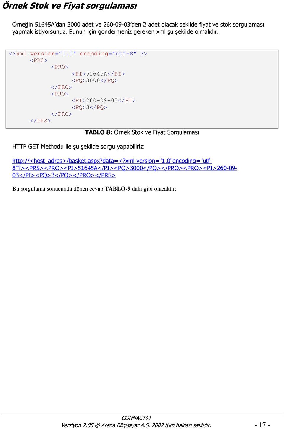 > <PRS> <PRO> <PI>51645A</PI> <PQ>3000</PQ> </PRO> <PRO> <PI>260-09-03</PI> <PQ>3</PQ> </PRO> </PRS> TABLO 8: Örnek Stok ve Fiyat Sorgulaması HTTP GET Methodu ile şu şekilde sorgu