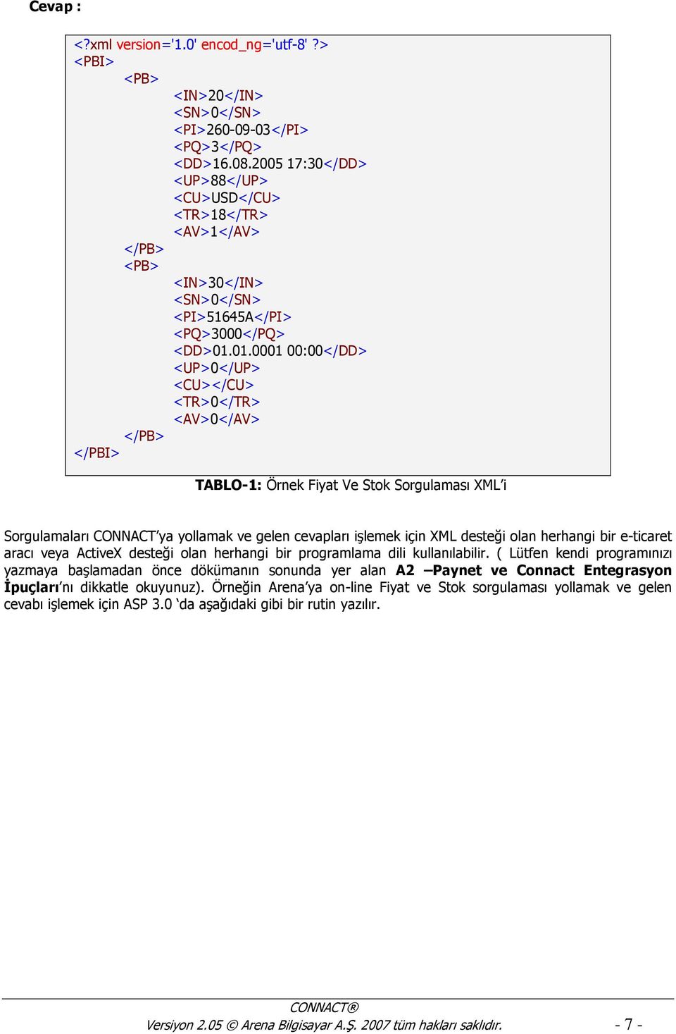 01.0001 00:00</DD> <UP>0</UP> <CU></CU> <TR>0</TR> <AV>0</AV> </PB> </PBI> TABLO-1: Örnek Fiyat Ve Stok Sorgulaması XML i Sorgulamaları CONNACT ya yollamak ve gelen cevapları işlemek için XML desteği