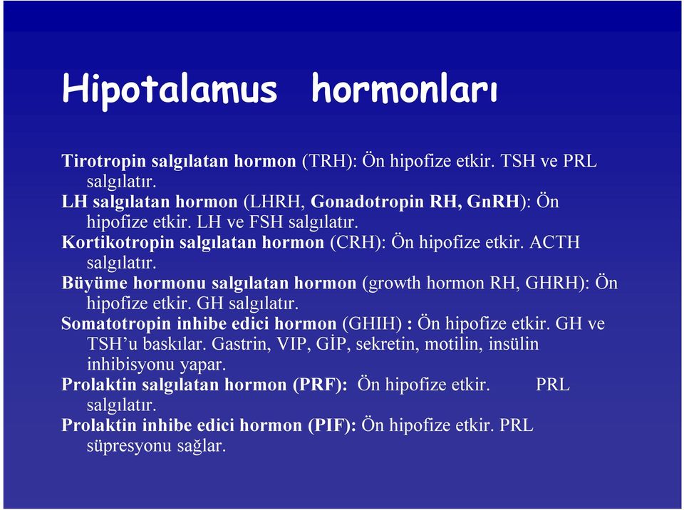 ACTH salgılatır. Büyüme hormonu salgılatan hormon (growth hormon RH, GHRH): Ön hipofize etkir. GH salgılatır.