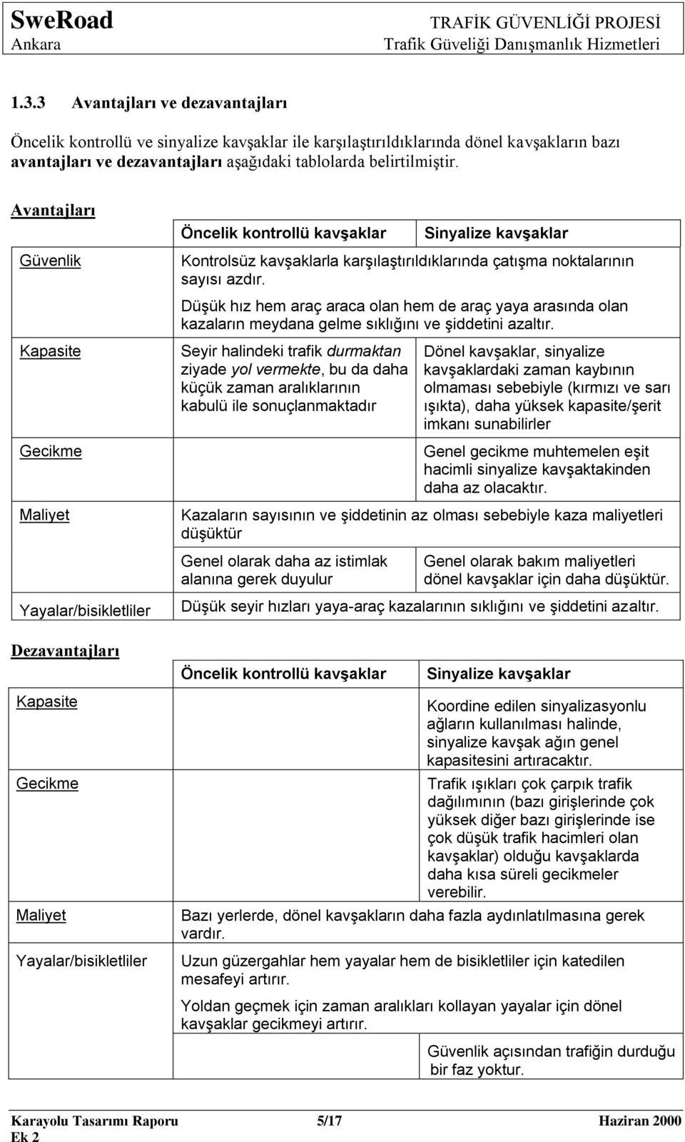 kavşaklarla karşılaştırıldıklarında çatışma noktalarının sayısı azdır. Düşük hız hem araç araca olan hem de araç yaya arasında olan kazaların meydana gelme sıklığını ve şiddetini azaltır.