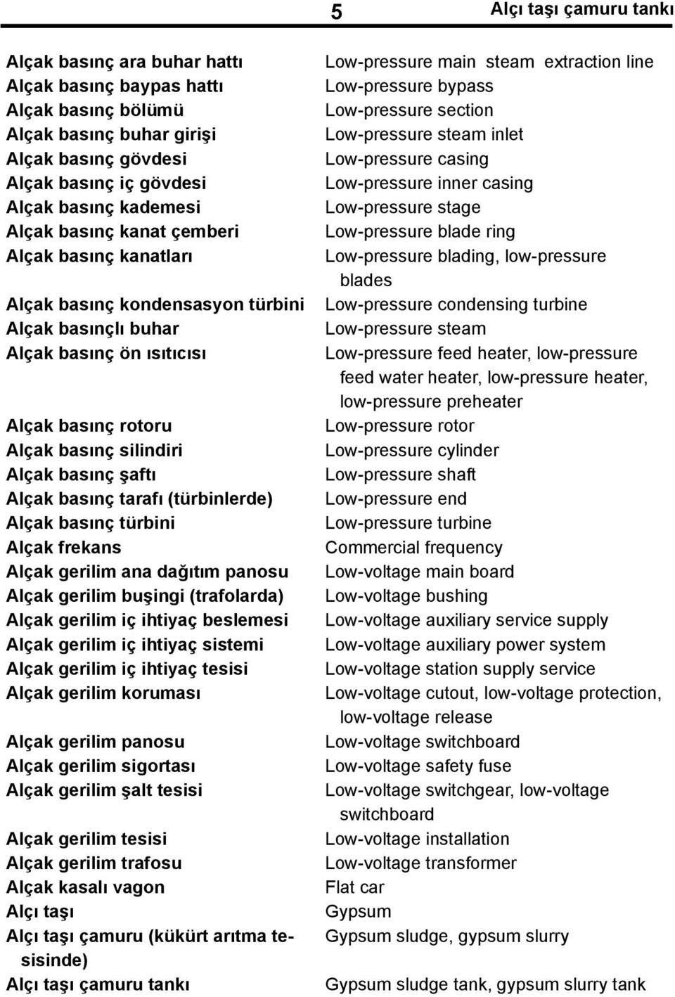 tarafı (türbinlerde) Alçak basınç türbini Alçak frekans Alçak gerilim ana dağıtım panosu Alçak gerilim buşingi (trafolarda) Alçak gerilim iç ihtiyaç beslemesi Alçak gerilim iç ihtiyaç sistemi Alçak