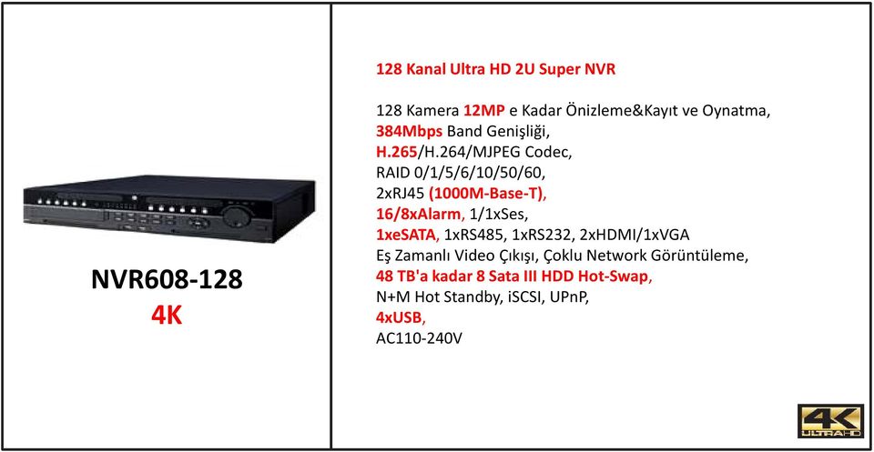 264/MJPEG Codec, RAID 0/1/5/6/10/50/60, 2xRJ45 (1000M-Base-T), 16/8xAlarm, 1/1xSes, 1xeSATA,