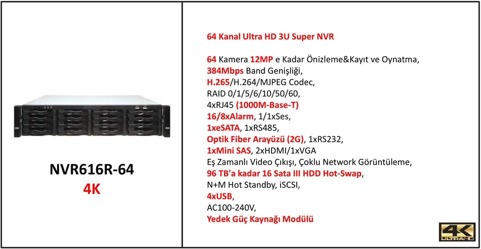 264/MJPEG Codec, RAID 0/1/5/6/10/50/60, 4xRJ45 (1000M-Base-T) 16/8xAlarm, 1/1xSes, 1xeSATA, 1xRS485, Optik