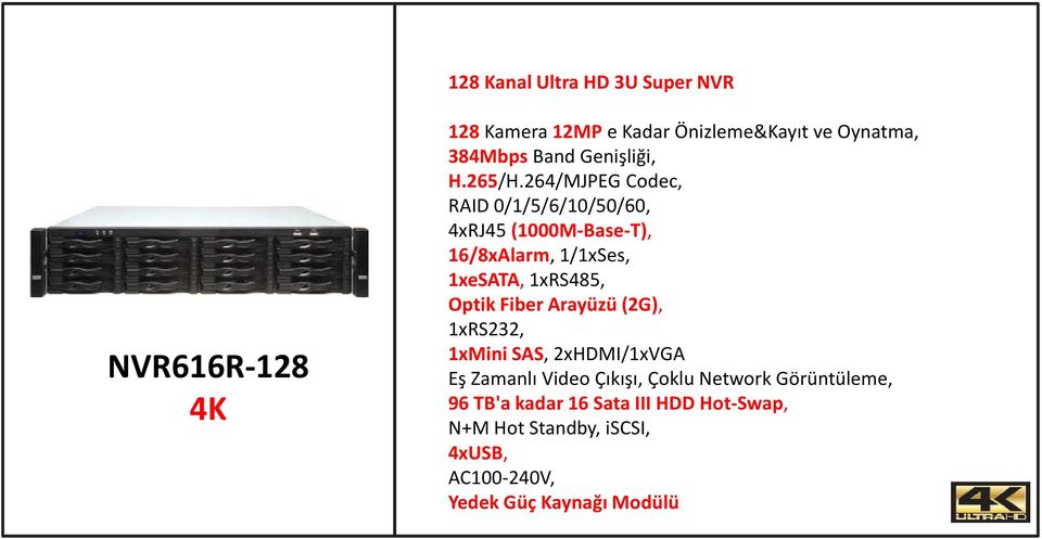 264/MJPEG Codec, RAID 0/1/5/6/10/50/60, 4xRJ45 (1000M-Base-T), 16/8xAlarm, 1/1xSes, 1xeSATA, 1xRS485, Optik