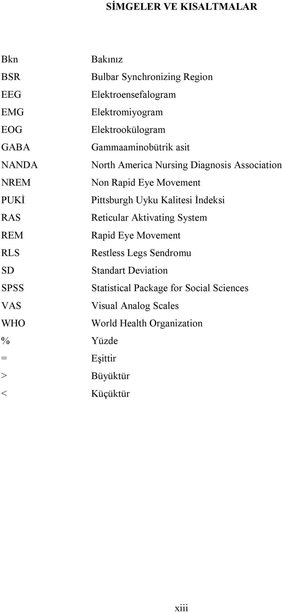 Pittsburgh Uyku Kalitesi İndeksi RAS Reticular Aktivating System REM Rapid Eye Movement RLS Restless Legs Sendromu SD Standart