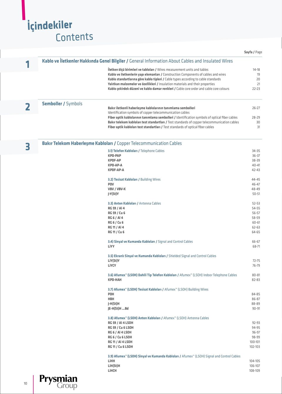 özellikleri / Insulation materials and their properties Kablo çekirdek düzeni ve kablo damar renkleri / Cable core order and cable core colours Sayfa / Page 14-18 19 20 21 22-2 2 Semboller / Symbols