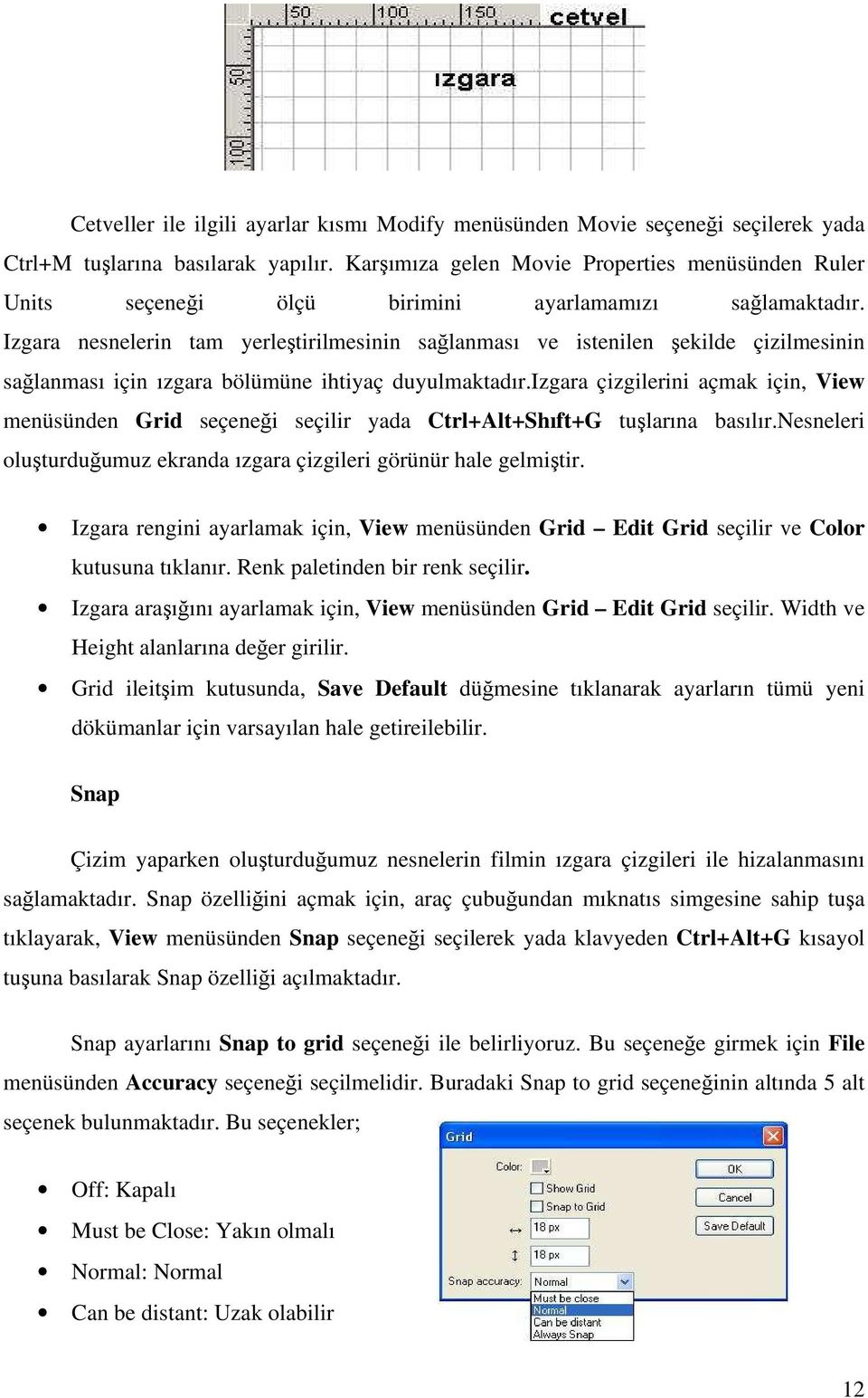 Izgara nesnelerin tam yerleştirilmesinin sağlanması ve istenilen şekilde çizilmesinin sağlanması için ızgara bölümüne ihtiyaç duyulmaktadır.