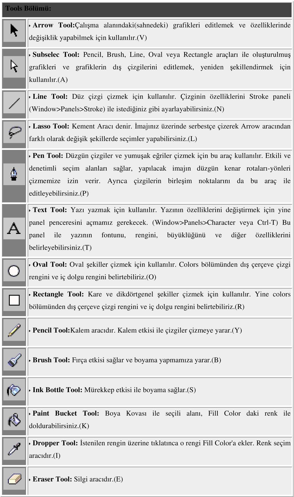 (a) Line Tool: Düz çizgi çizmek için kullanılır. Çizginin özelliklerini Stroke paneli (Window>Panels>Stroke) ile istediğiniz gibi ayarlayabilirsiniz.(n) Lasso Tool: Kement Aracı denir.