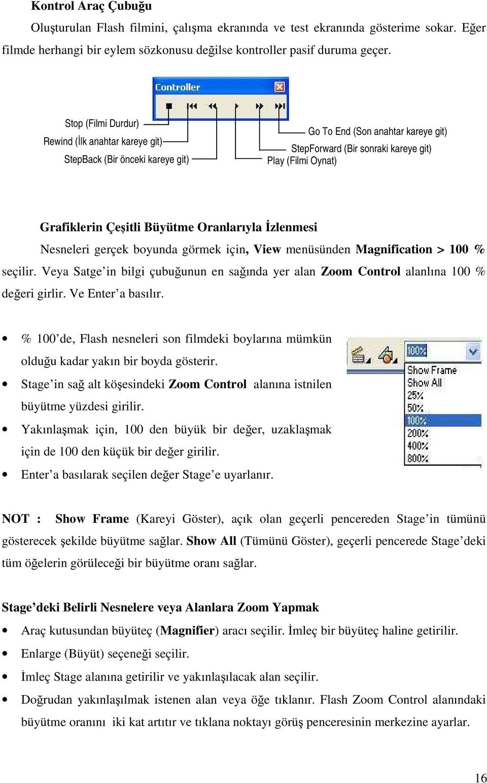 Büyütme Oranlarıyla İzlenmesi Nesneleri gerçek boyunda görmek için, View menüsünden Magnification > 100 % seçilir.