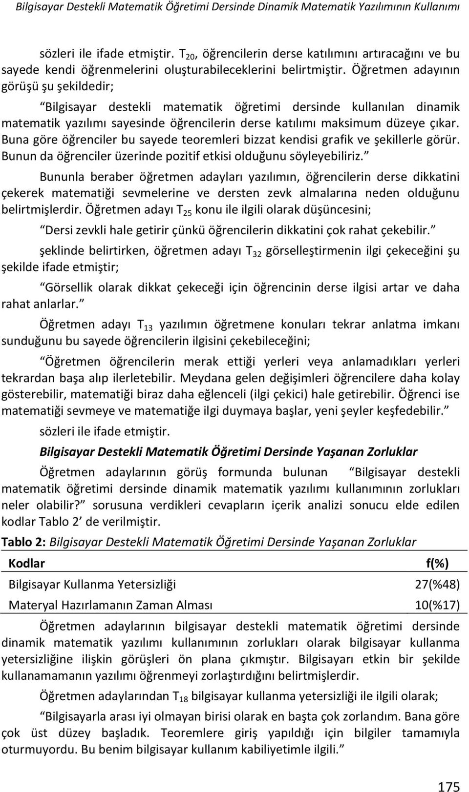 Öğretmen adayının görüşü şu şekildedir; Bilgisayar destekli matematik öğretimi dersinde kullanılan dinamik matematik yazılımı sayesinde öğrencilerin derse katılımı maksimum düzeye çıkar.