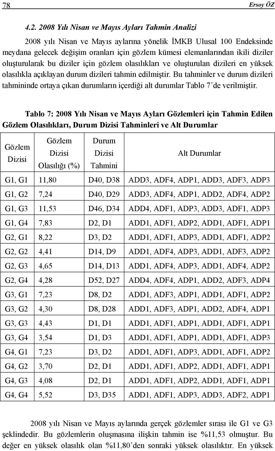 oluşurularak bu diziler için gözlem olasılıkları ve oluşurulan dizileri en yüksek olasılıkla açıklayan durum dizileri ahmin edilmişir.