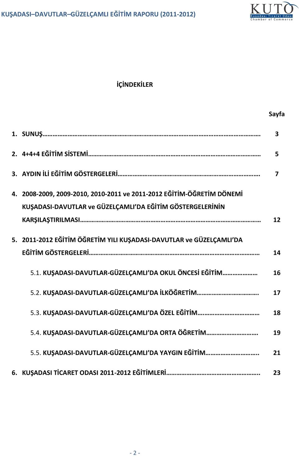 211-212 EĞİTİM ÖĞRETİM YILI KUŞADASI-DAVUTLAR ve GÜZELÇAMLI DA EĞİTİM GÖSTERGELERİ 14 5.1. KUŞADASI-DAVUTLAR-GÜZELÇAMLI DA OKUL ÖNCESİ EĞİTİM 16 5.2. KUŞADASI-DAVUTLAR-GÜZELÇAMLI DA İLKÖĞRETİM.