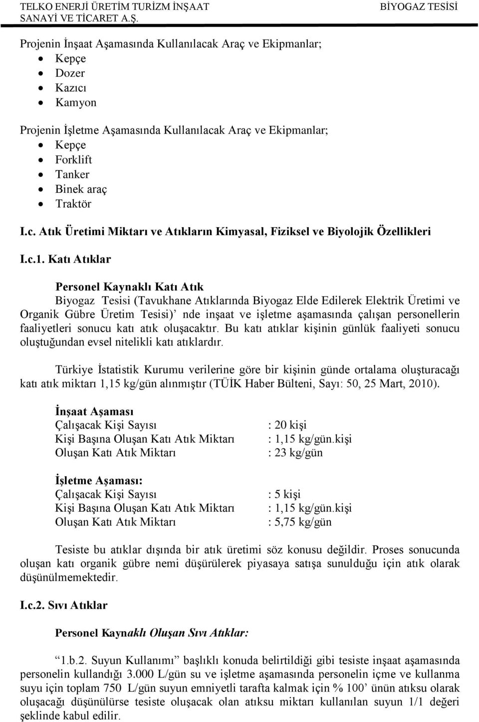 personellerin faaliyetleri sonucu katı atık oluģacaktır. Bu katı atıklar kiģinin günlük faaliyeti sonucu oluģtuğundan evsel nitelikli katı atıklardır.