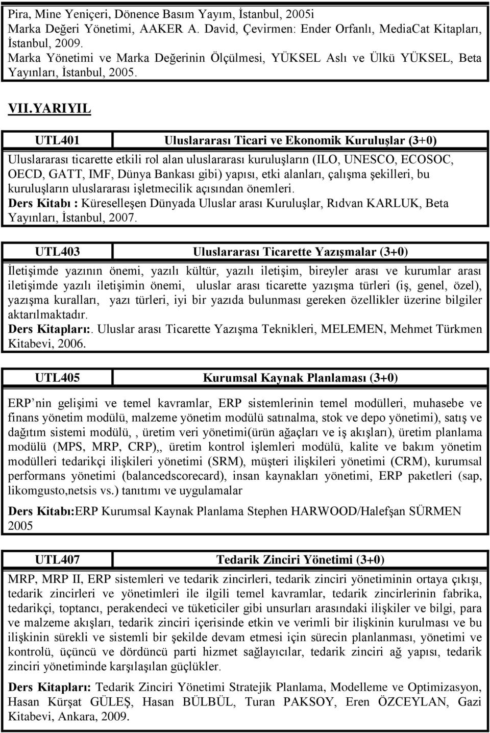 YARIYIL UTL401 Uluslararası Ticari ve Ekonomik Kuruluşlar (3+0) Uluslararası ticarette etkili rol alan uluslararası kuruluşların (ILO, UNESCO, ECOSOC, OECD, GATT, IMF, Dünya Bankası gibi) yapısı,