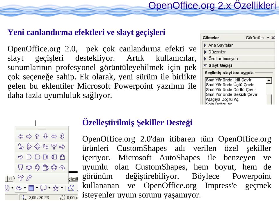 Ek olarak, yeni sürüm ile birlikte gelen bu eklentiler Microsoft Powerpoint yazılımı ile daha fazla uyumluluk sağlıyor. Özelleştirilmiş Şekiller Desteği OpenOffice.org 2.