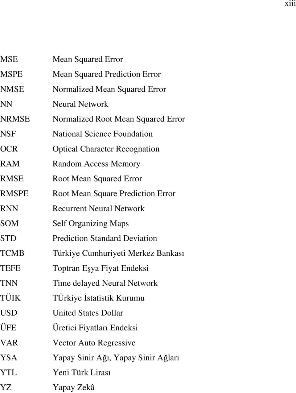 Mean Square Prediction Error Recurrent Neural Network Self Organizing Maps Prediction Standard Deviation Türkiye Cumhuriyeti Merkez Bankası Toptran Eşya Fiyat Endeksi Time