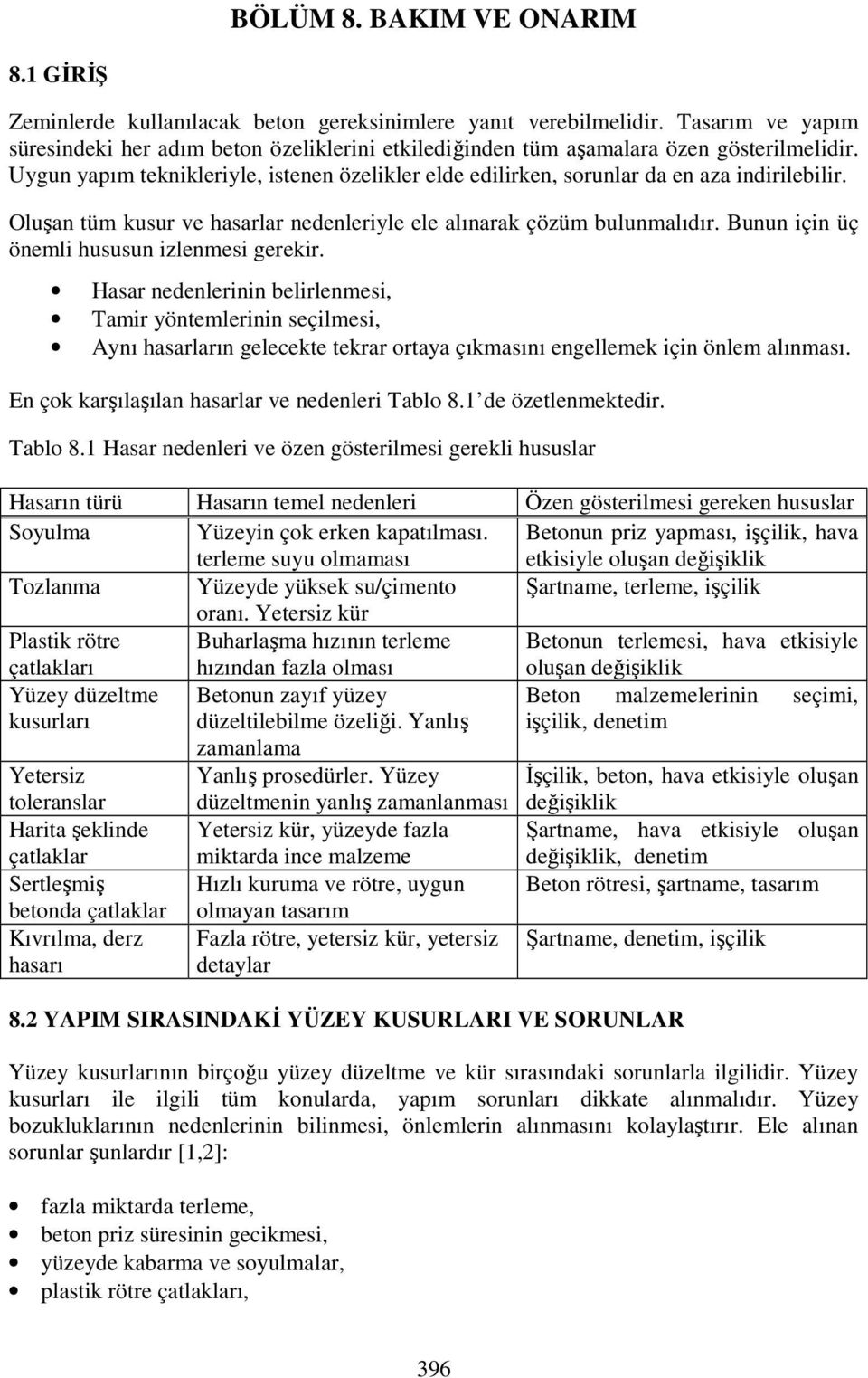 Uygun yapım teknikleriyle, istenen özelikler elde edilirken, sorunlar da en aza indirilebilir. Oluşan tüm kusur ve hasarlar nedenleriyle ele alınarak çözüm bulunmalıdır.