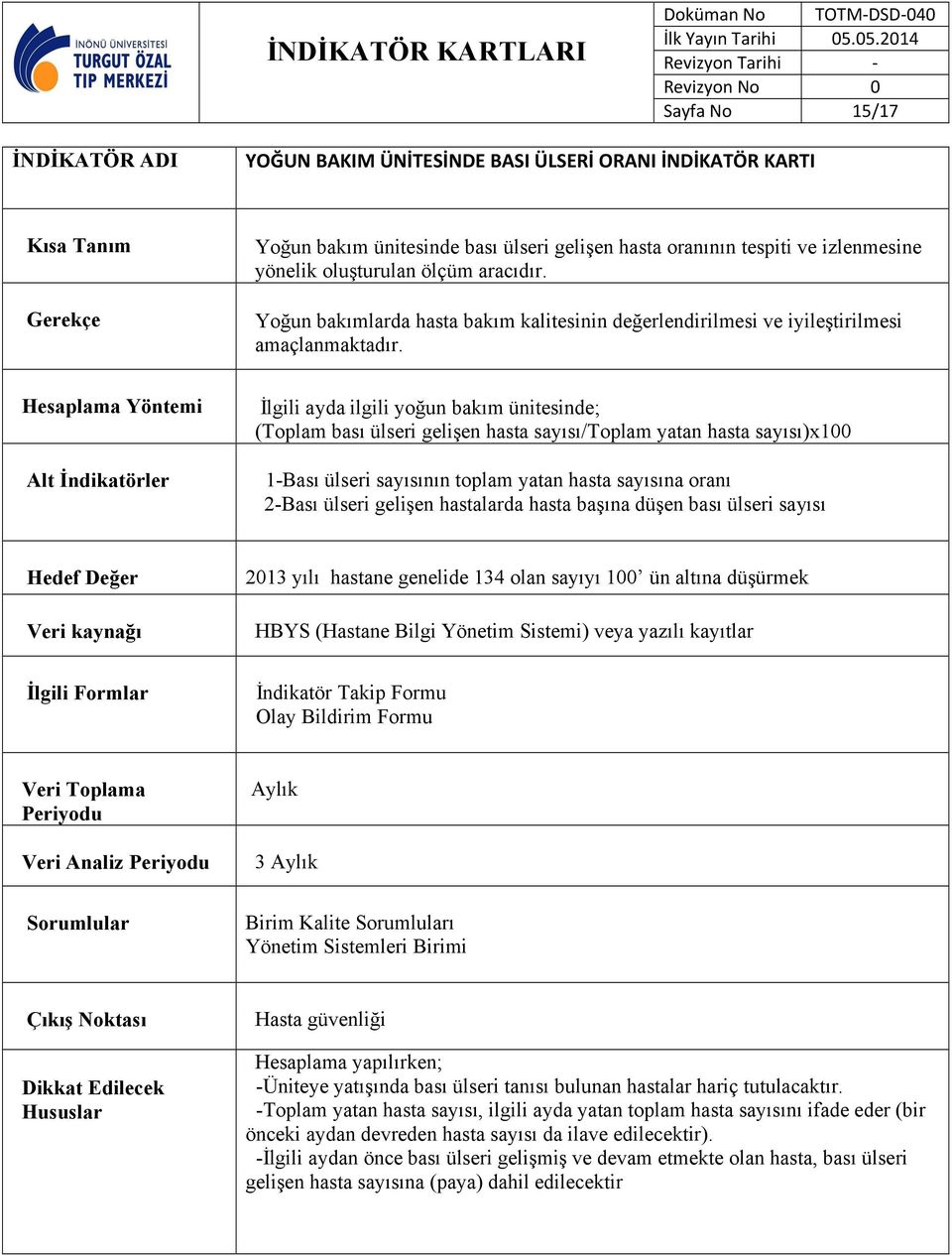 İlgili ayda ilgili yoğun bakım ünitesinde; (Toplam bası ülseri gelişen hasta sayısı/toplam yatan hasta sayısı)x100 1-Bası ülseri sayısının toplam yatan hasta sayısına oranı 2-Bası ülseri gelişen