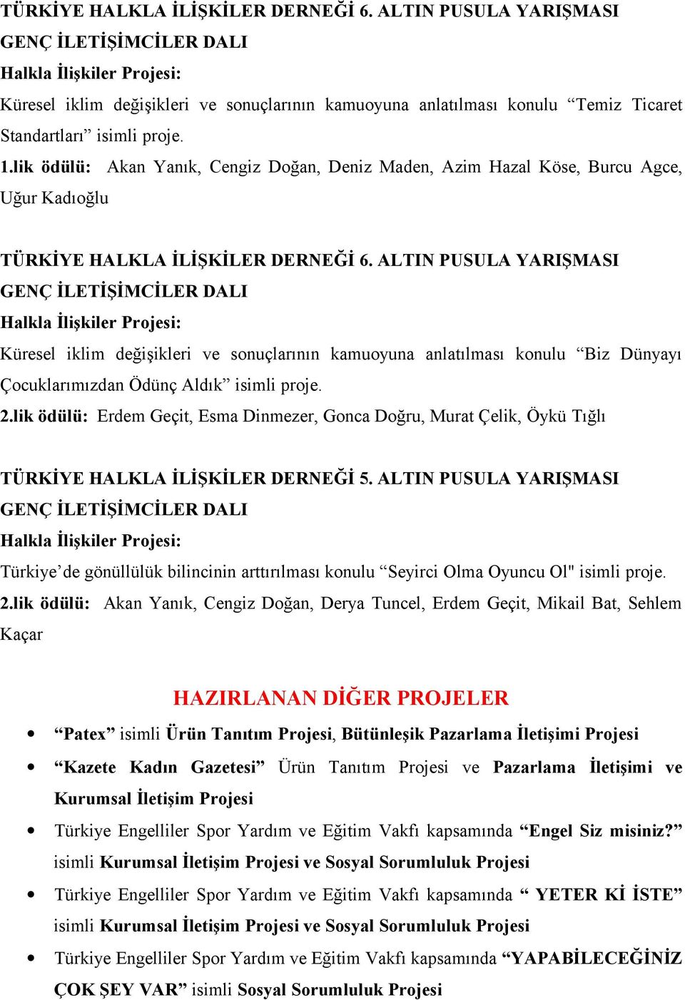 lik ödülü: Akan Yanık, Cengiz Doğan, Deniz Maden, Azim Hazal Köse, Burcu Agce, Uğur Kadıoğlu  ALTIN PUSULA YARIŞMASI GENÇ İLETİŞİMCİLER DALI Halkla İlişkiler Projesi: Küresel iklim değişikleri ve