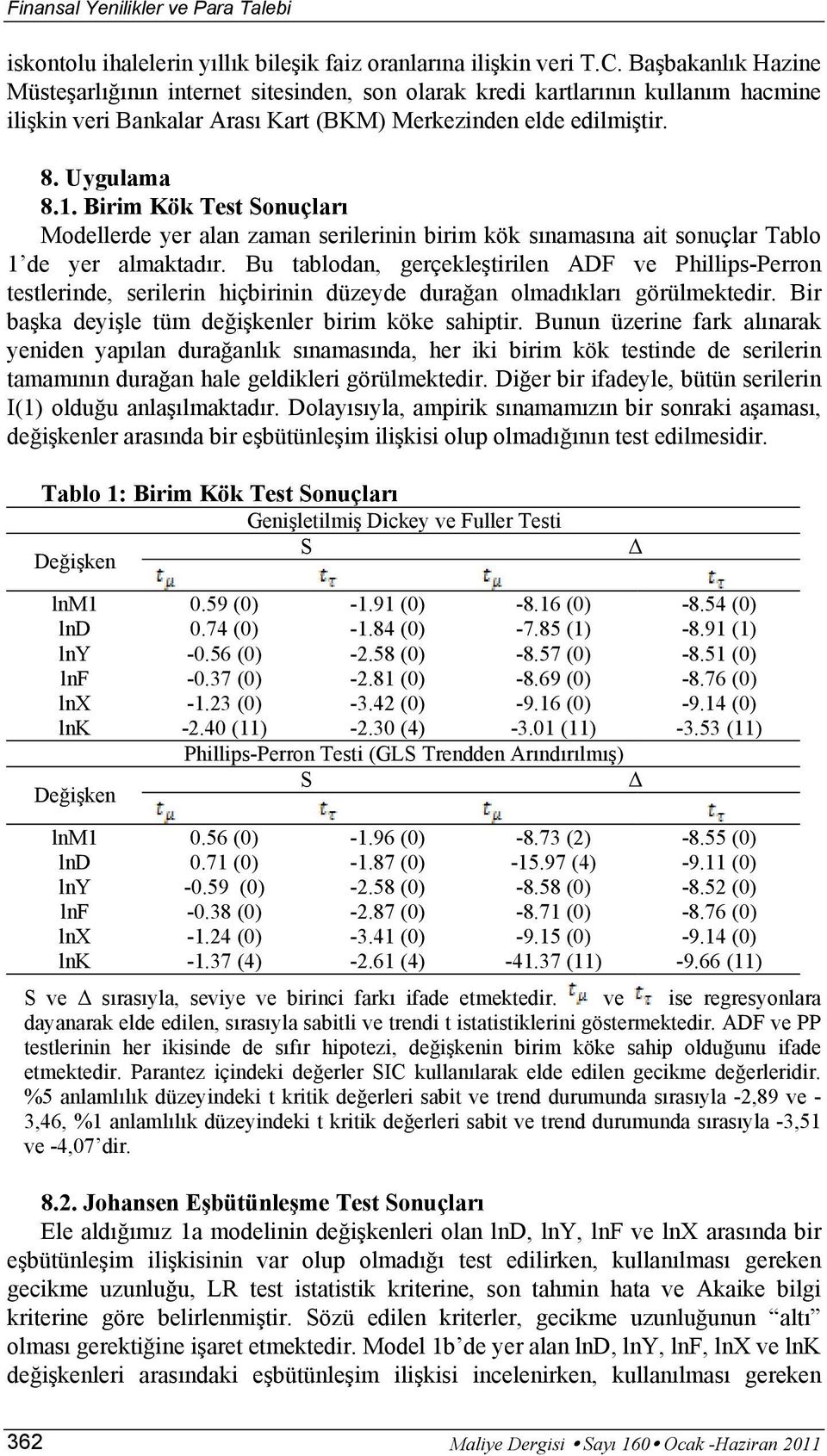 Birim Kök Test Sonuçları Modellerde yer alan zaman serilerinin birim kök sınamasına ait sonuçlar Tablo 1 de yer almaktadır.