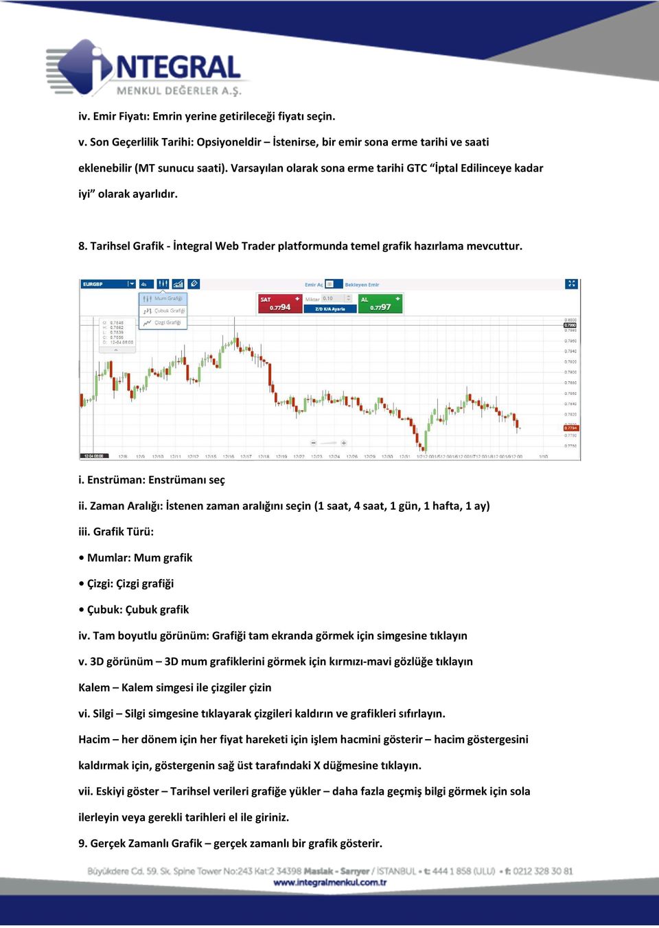 Zaman Aralığı: İstenen zaman aralığını seçin (1 saat, 4 saat, 1 gün, 1 hafta, 1 ay) iii. Grafik Türü: Mumlar: Mum grafik Çizgi: Çizgi grafiği Çubuk: Çubuk grafik iv.