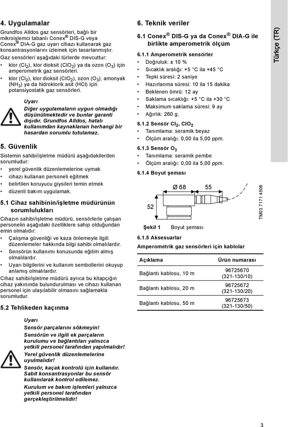 klor (Cl 2 ), klor dioksit (ClO 2 ), ozon (O 3 ), amonyak (NH 3 ) ya da hidroklorik asit (HCl) için potansiyostatik gaz sensörleri. 5.