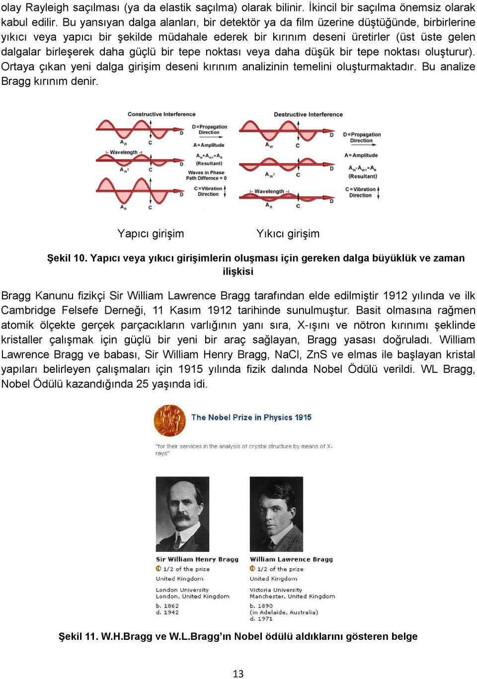 daha güçlü bir tepe noktası veya daha düşük bir tepe noktası oluşturur). Ortaya çıkan yeni dalga girişim deseni kırınım analizinin temelini oluşturmaktadır. Bu analize Bragg kırınım denir.