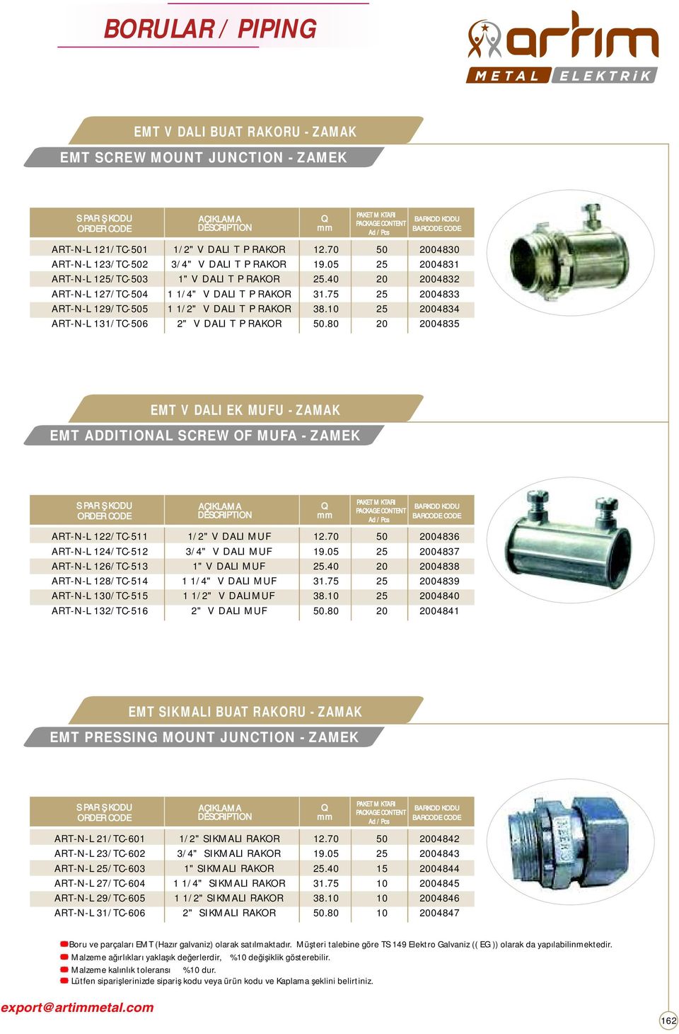 10 25 2004834 ART-N-L 131/TC-506 2" VİDALI TİP RAKOR 50.80 20 2004835 EMT VİDALI EK MUFU - ZAMAK EMT ADDITIONAL SCREW OF MUFA - ZAMEK ART-N-L 122/TC-511 1/2" VİDALI MUF 12.