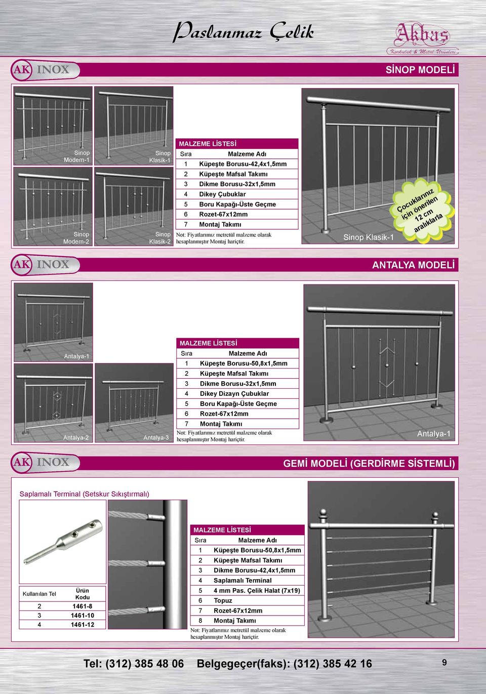 Sinop Klasik-1 Çocuklarınız için önerilen 12 cm aralıklarla ANTALYA MODELİ Antalya-1 Antalya-2 Antalya-2 Antalya-3 MALZEME LİSTESİ Sıra Malzeme Adı 1 Küpeşte su-50,8x1,5 2 Küpeşte Mafsal Takımı 3