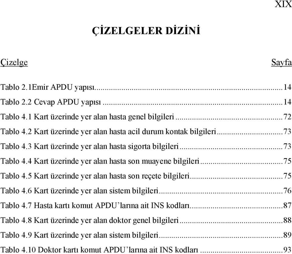 ..75 Tablo 4.5 Kart üzerinde yer alan hasta son reçete bilgileri...75 Tablo 4.6 Kart üzerinde yer alan sistem bilgileri...76 Tablo 4.