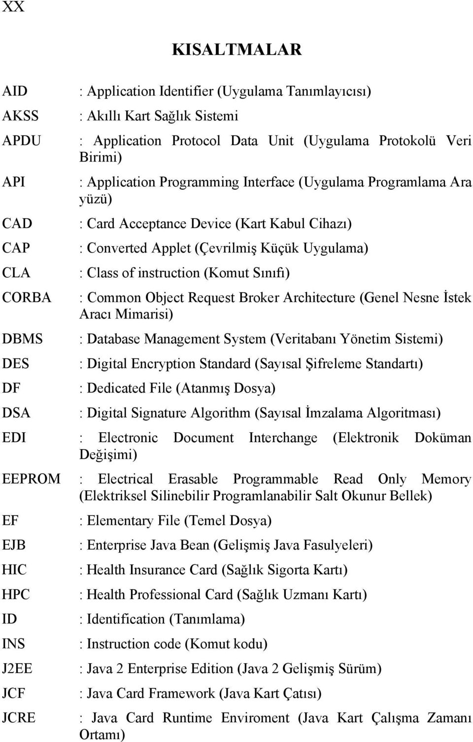 (Komut Sınıfı) : Common Object Request Broker Architecture (Genel Nesne İstek Aracı Mimarisi) : Database Management System (Veritabanı Yönetim Sistemi) : Digital Encryption Standard (Sayısal