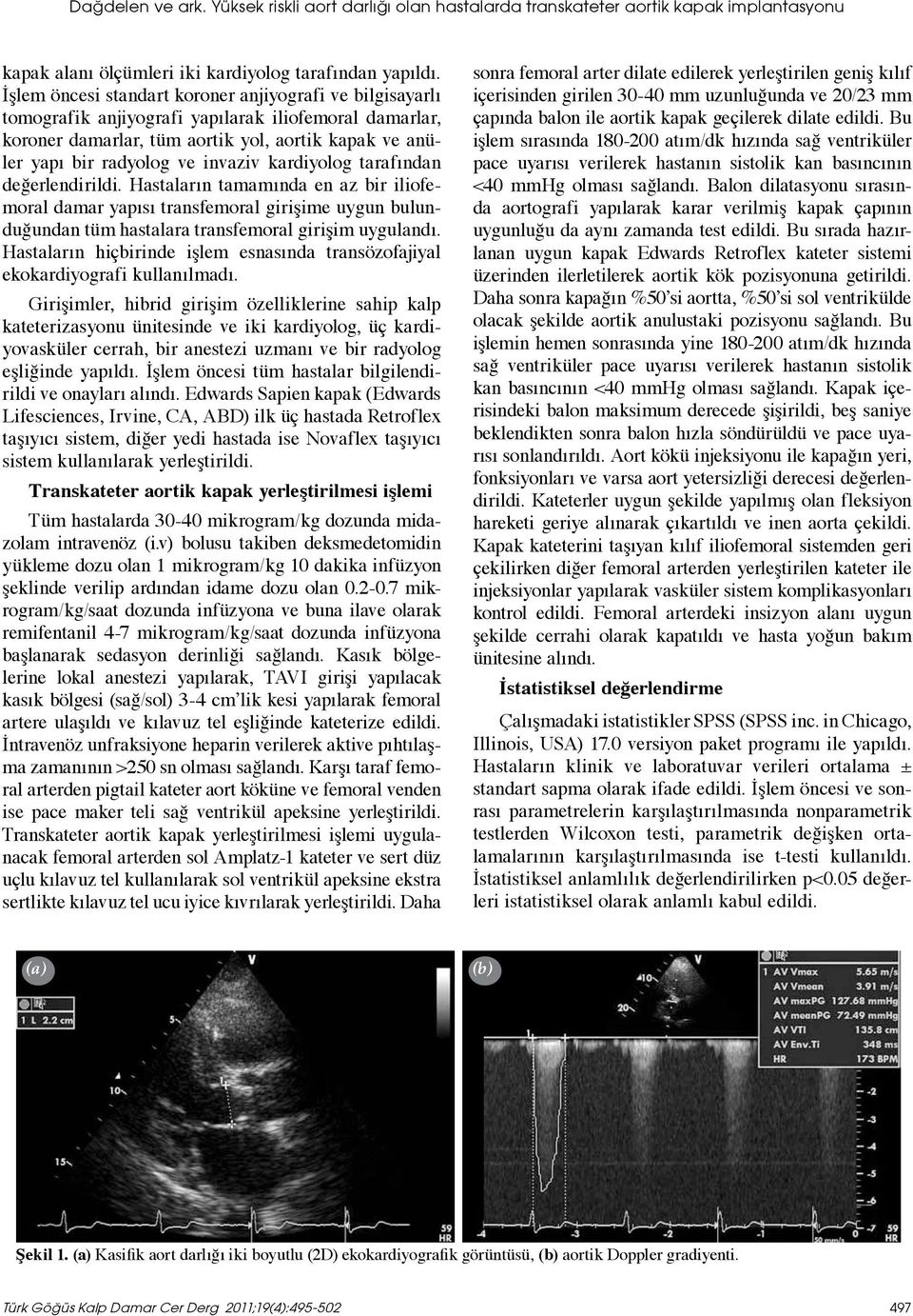 kardiyolog tarafından değerlendirildi. Hastaların tamamında en az bir iliofemoral damar yapısı transfemoral girişime uygun bulunduğundan tüm hastalara transfemoral girişim uygulandı.