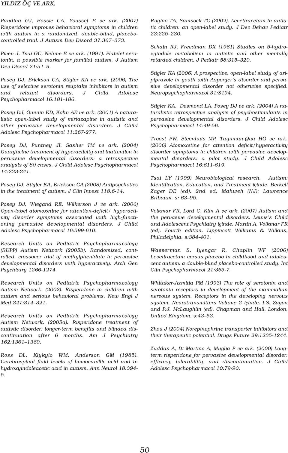 Posey DJ, Erickson CA, Stigler KA ve ark. (2006) The use of selective serotonin reuptake inhibitors in autism and related disorders. J Child Adolesc Psychopharmacol 16:181-186.