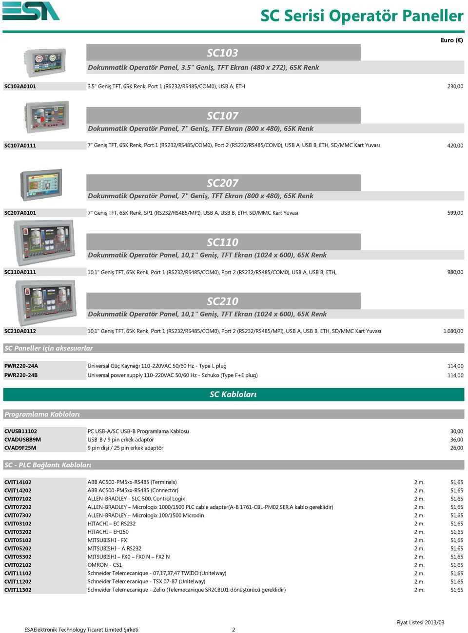 (RS232/RS485/COM0), Port 2 (RS232/RS485/COM0), USB A, USB B, ETH, SD/MMC Kart Yuvası 420,00 SC207 Dokunmatik Operatör Panel, 7" Geniş, TFT Ekran (800 x 480), 65K Renk SC207A0101 7" Geniş TFT, 65K