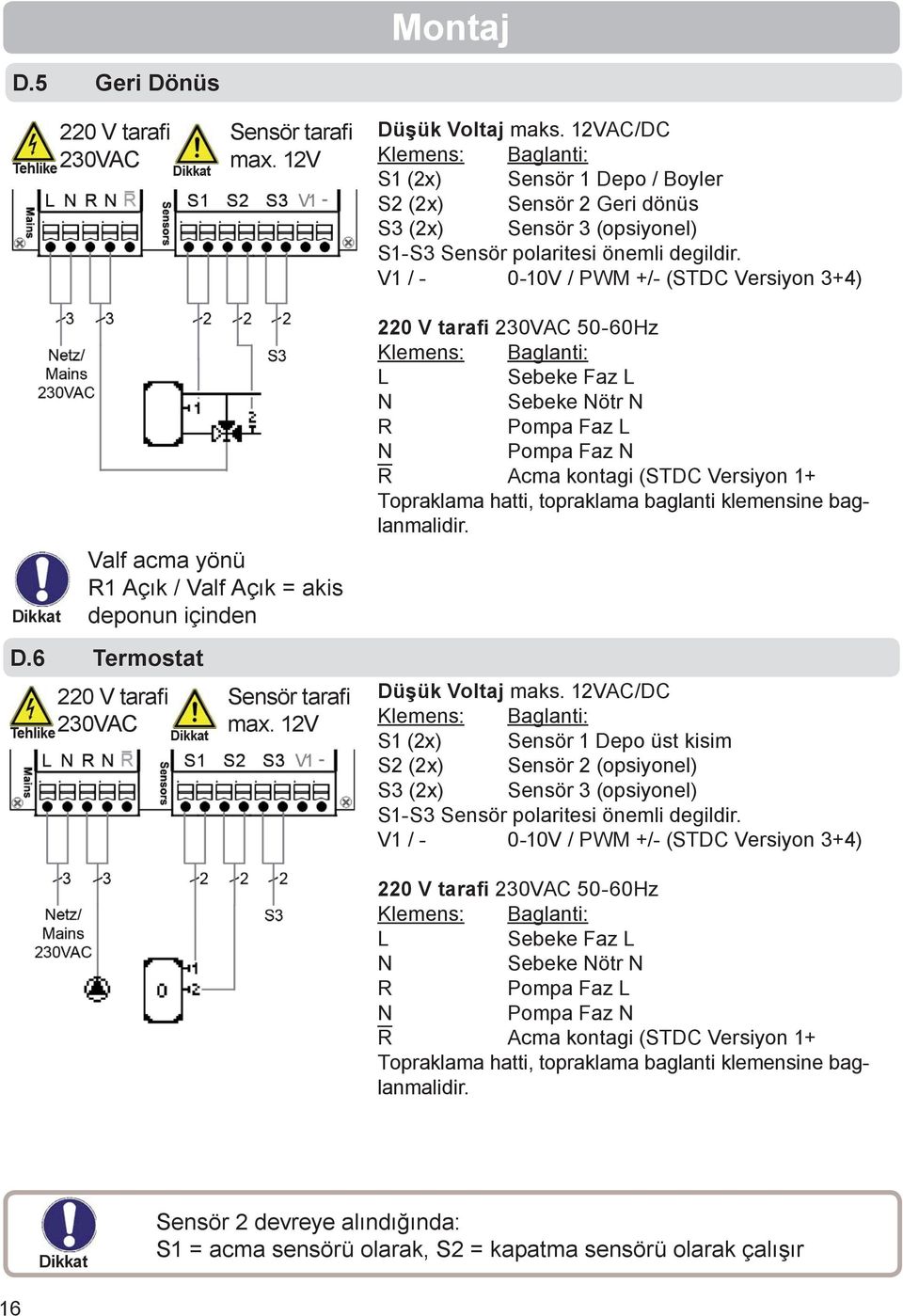 V1 / - 0-10V / PWM +/- (STDC Versiyon 3+4) Valf acma yönü R1 Açık / Valf Açık = akis deponun içinden D.6 Termostat 220 V tarafi Tehlike 230VAC Sensör tarafi max.