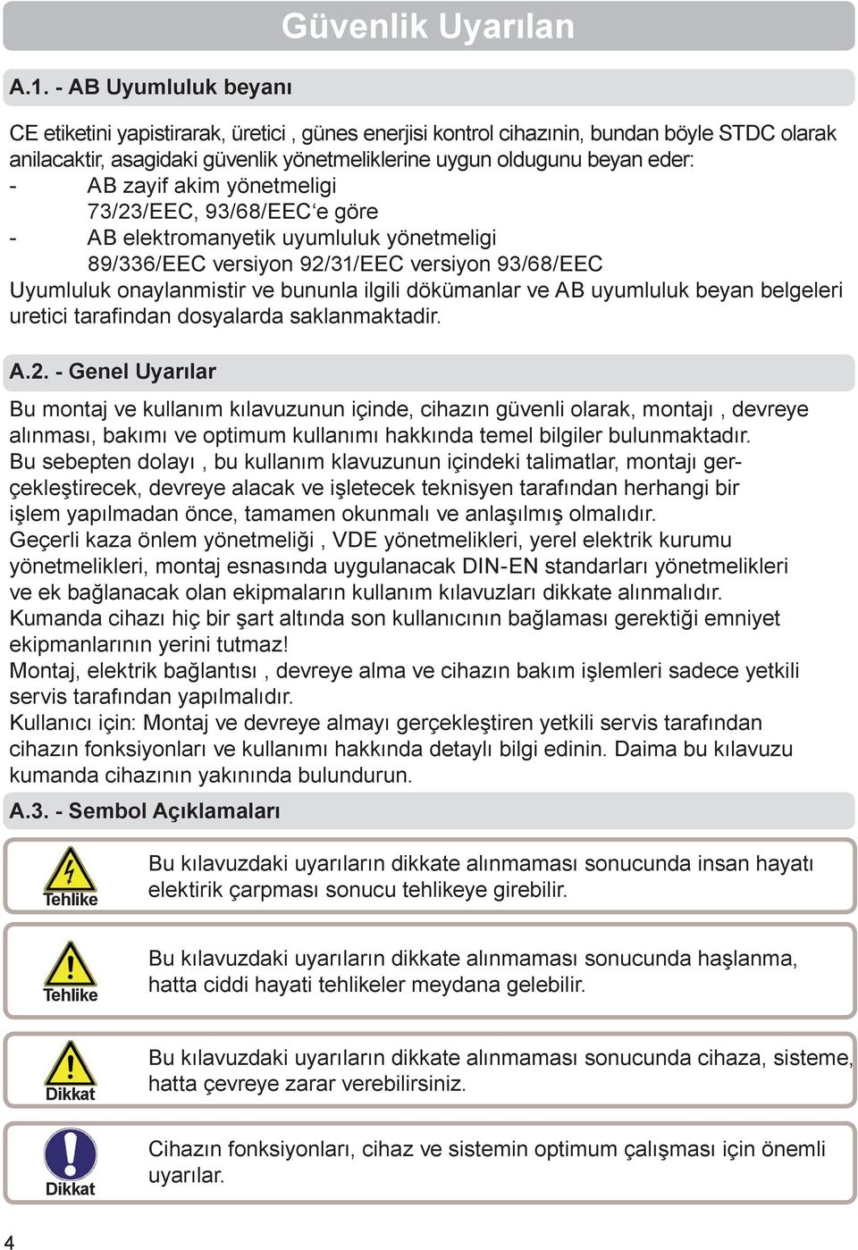 ve AB uyumluluk beyan belgeleri uretici tarafi ndan dosyalarda saklanmaktadir. A.2.