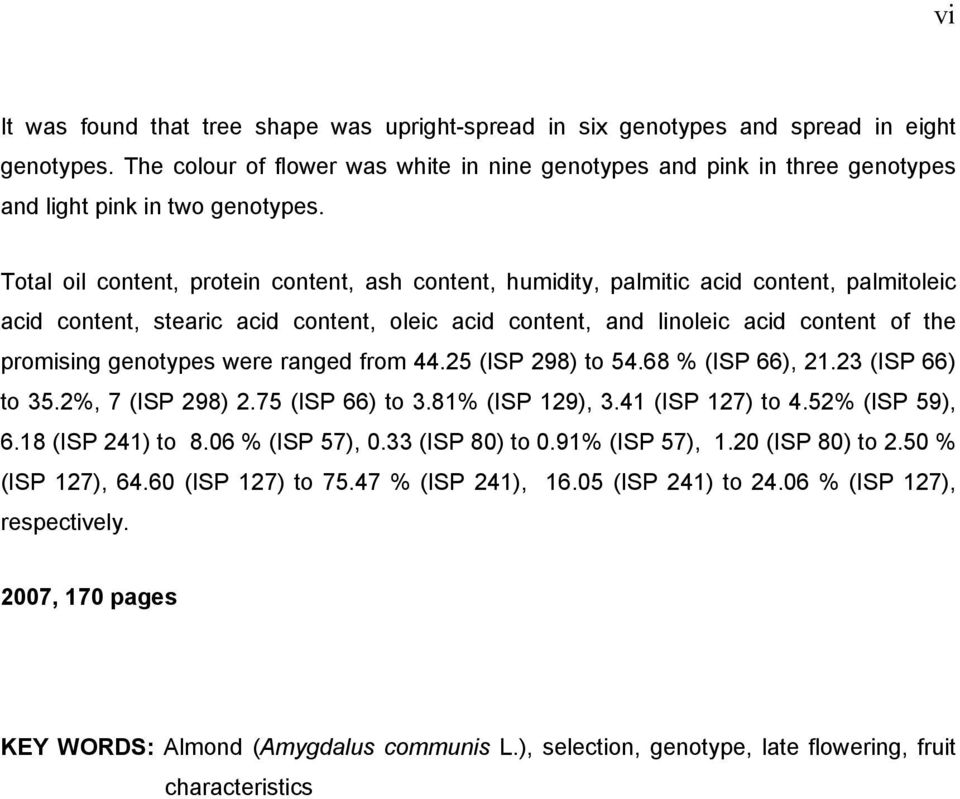 Total oil content, protein content, ash content, humidity, palmitic acid content, palmitoleic acid content, stearic acid content, oleic acid content, and linoleic acid content of the promising