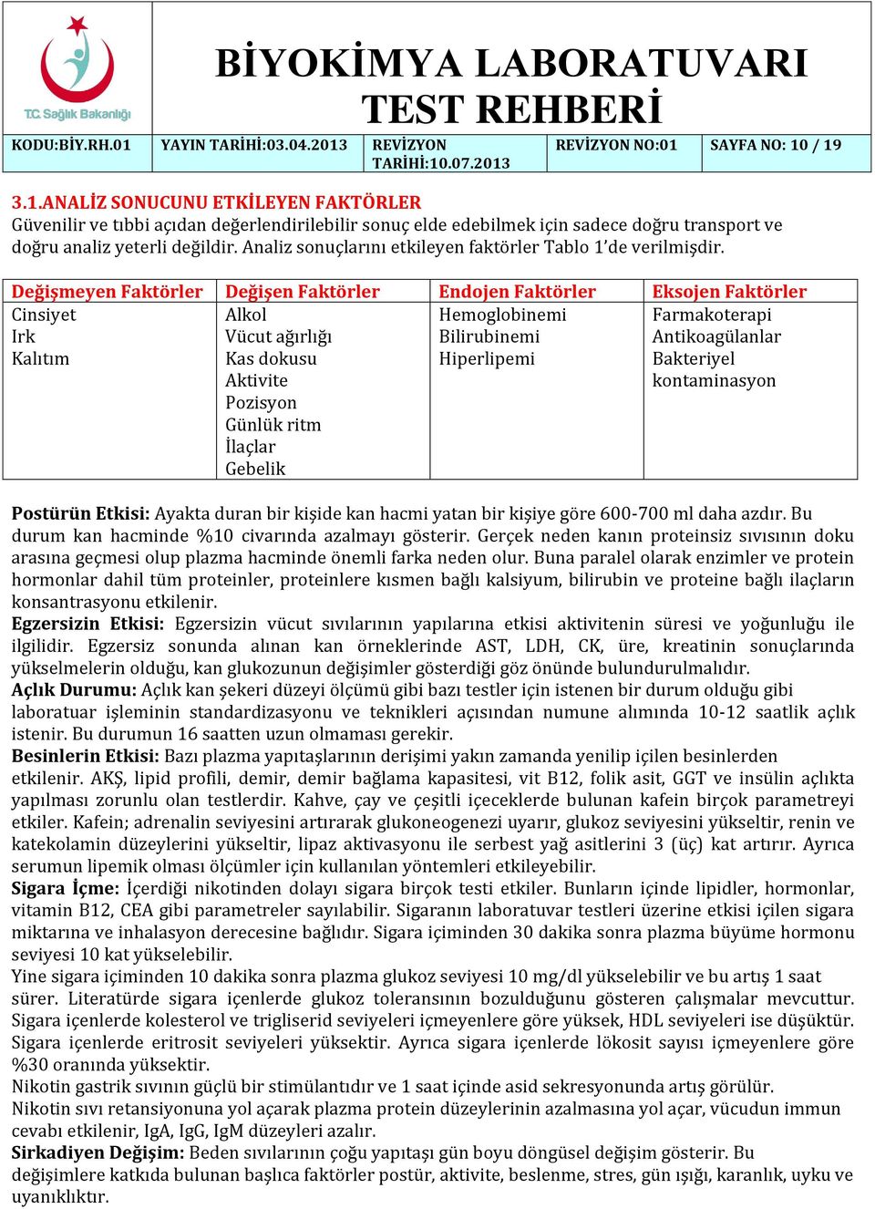 Değişmeyen Faktörler Değişen Faktörler Endojen Faktörler Eksojen Faktörler Cinsiyet Irk Kalıtım Hemoglobinemi Bilirubinemi Hiperlipemi Alkol Vücut ağırlığı Kas dokusu Aktivite Pozisyon Günlük ritm