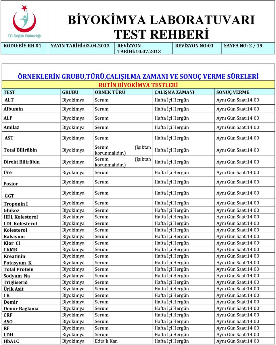 Saat:14:00 AST Biyokimya Serum Hafta İçi Hergün Aynı Gün Saat:14:00 Total Bilirübin Direkt Bilirübin Biyokimya Biyokimya Serum korunmalıdır.) Serum korunmalıdır.
