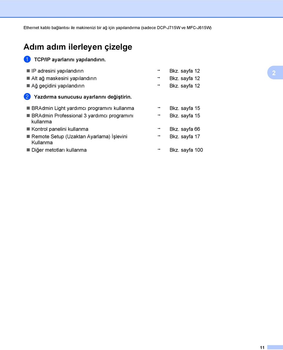 sayfa 12 2 b Yazdırma sunucusu ayarlarını değiştirin. BRAdmin Light yardımcı programını kullanma i Bkz.