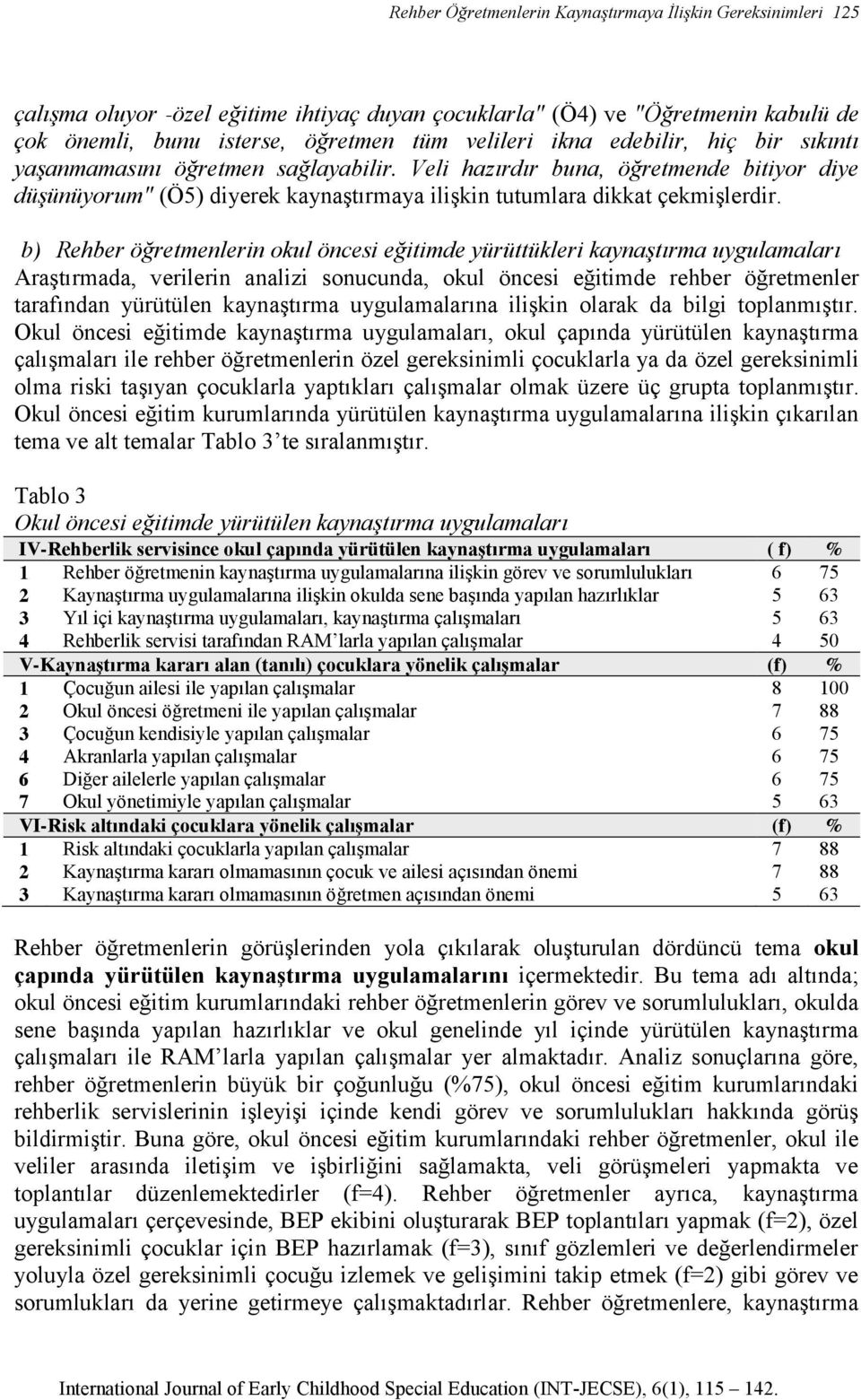 b) Rehber öğretmenlerin okul öncesi eğitimde yürüttükleri kaynaştırma uygulamaları Araştırmada, verilerin analizi sonucunda, okul öncesi eğitimde rehber öğretmenler tarafından yürütülen kaynaştırma