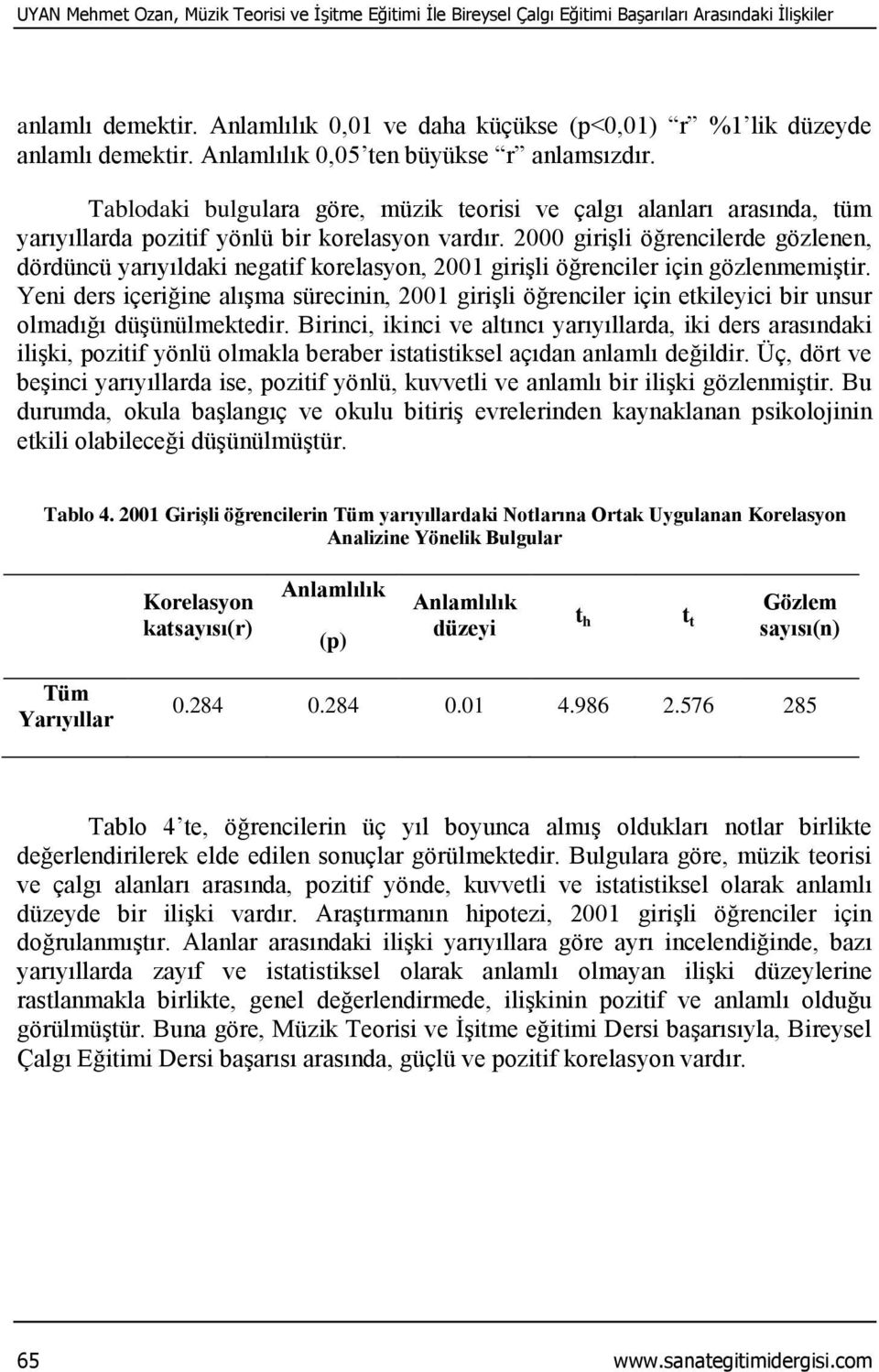 Tablodaki bulgulara göre, müzik teorisi ve çalgı alanları arasında, tüm yarıyıllarda pozitif yönlü bir korelasyon vardır.