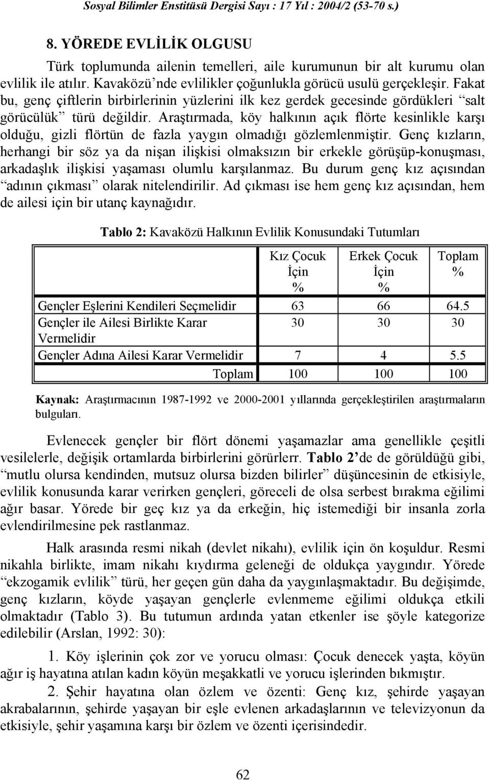 Araştırmada, köy halkının açık flörte kesinlikle karşı olduğu, gizli flörtün de fazla yaygın olmadığı gözlemlenmiştir.