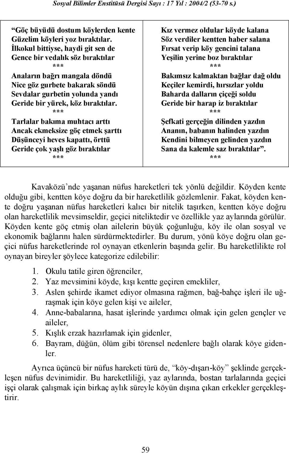 *** Tarlalar bakıma muhtacı arttı Ancak ekmeksize göç etmek şarttı Düşünceyi heves kapattı, örttü Geride çok yaşlı göz bıraktılar *** Kız vermez oldular köyde kalana Söz verdiler kentten haber salana