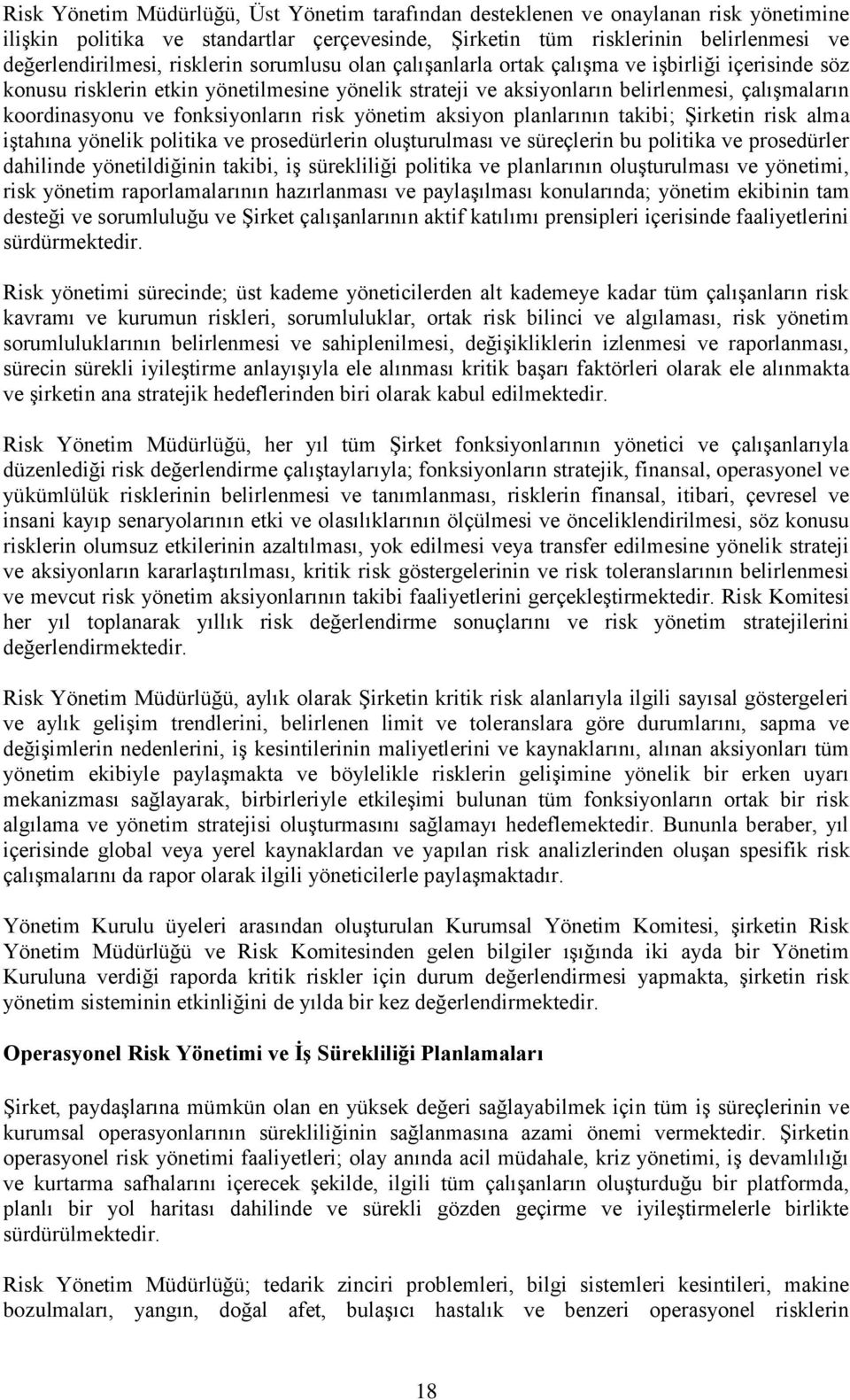 fonksiyonların risk yönetim aksiyon planlarının takibi; Şirketin risk alma iştahına yönelik politika ve prosedürlerin oluşturulması ve süreçlerin bu politika ve prosedürler dahilinde yönetildiğinin